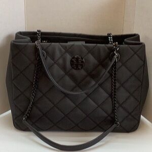 Tory Burch Willa Black Matt Quilted Tote Bag Handbag